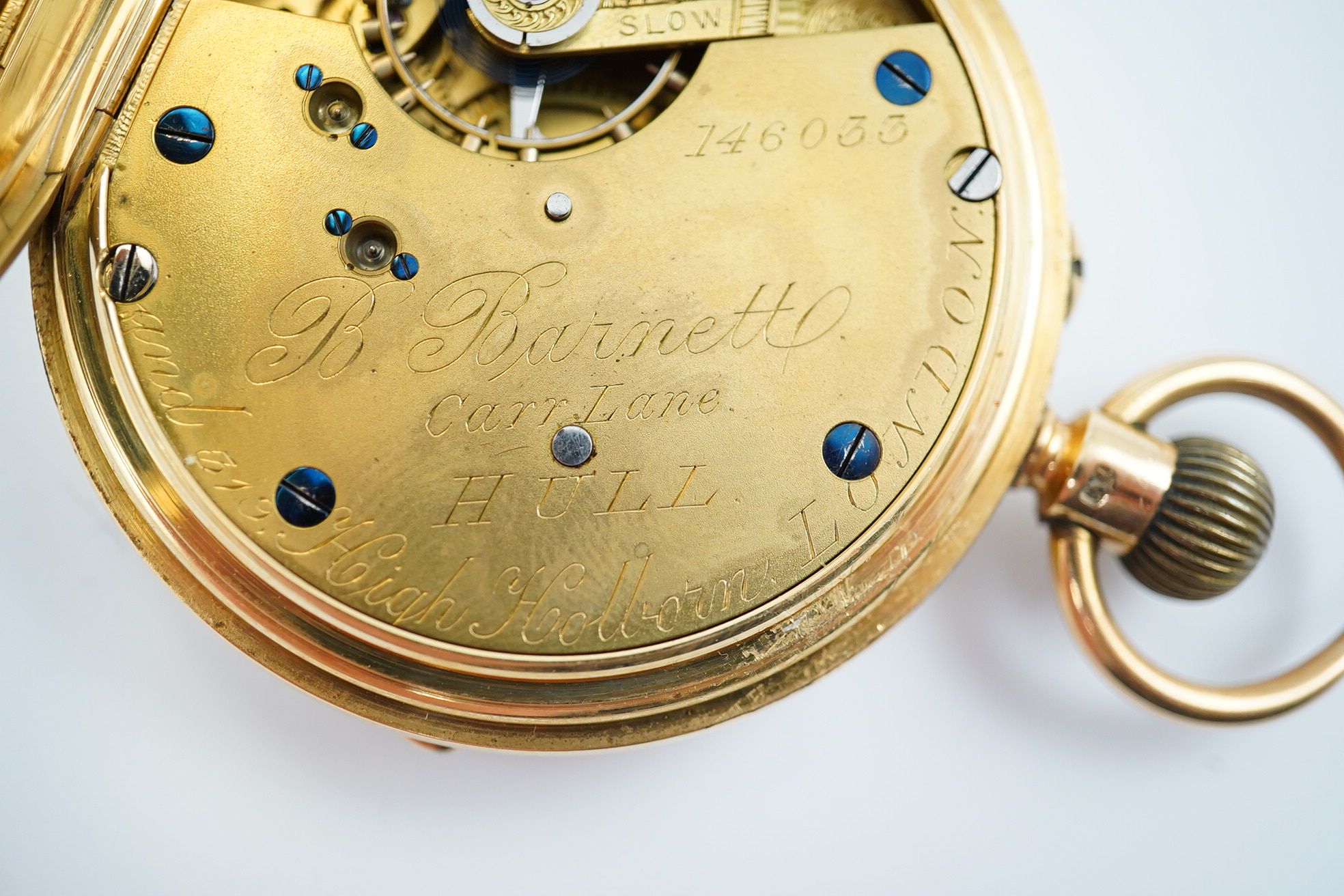 A late Victorian 18ct gold open face keyless pocket watch by Barnett of Hull